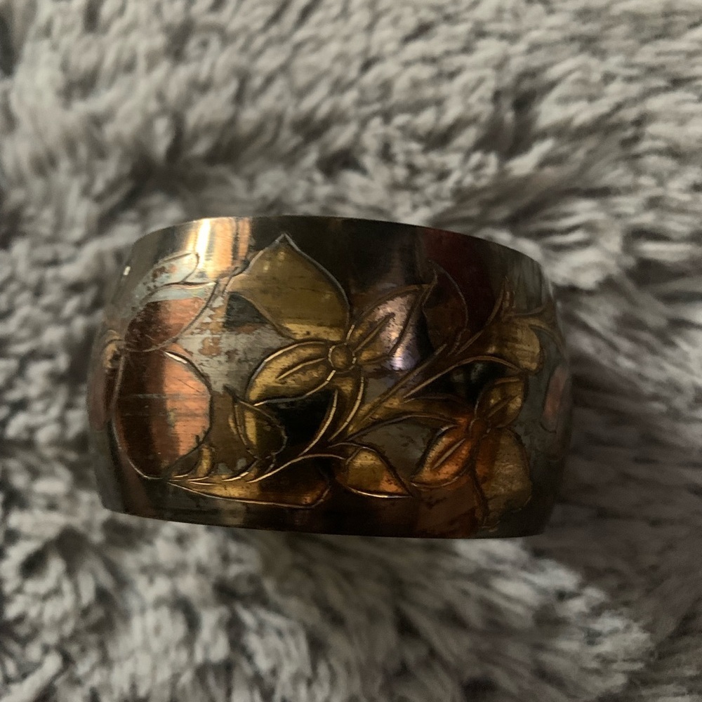 Vintage Floral Engraved Metal Cuff Bracelet in Mixed Metallic Tones